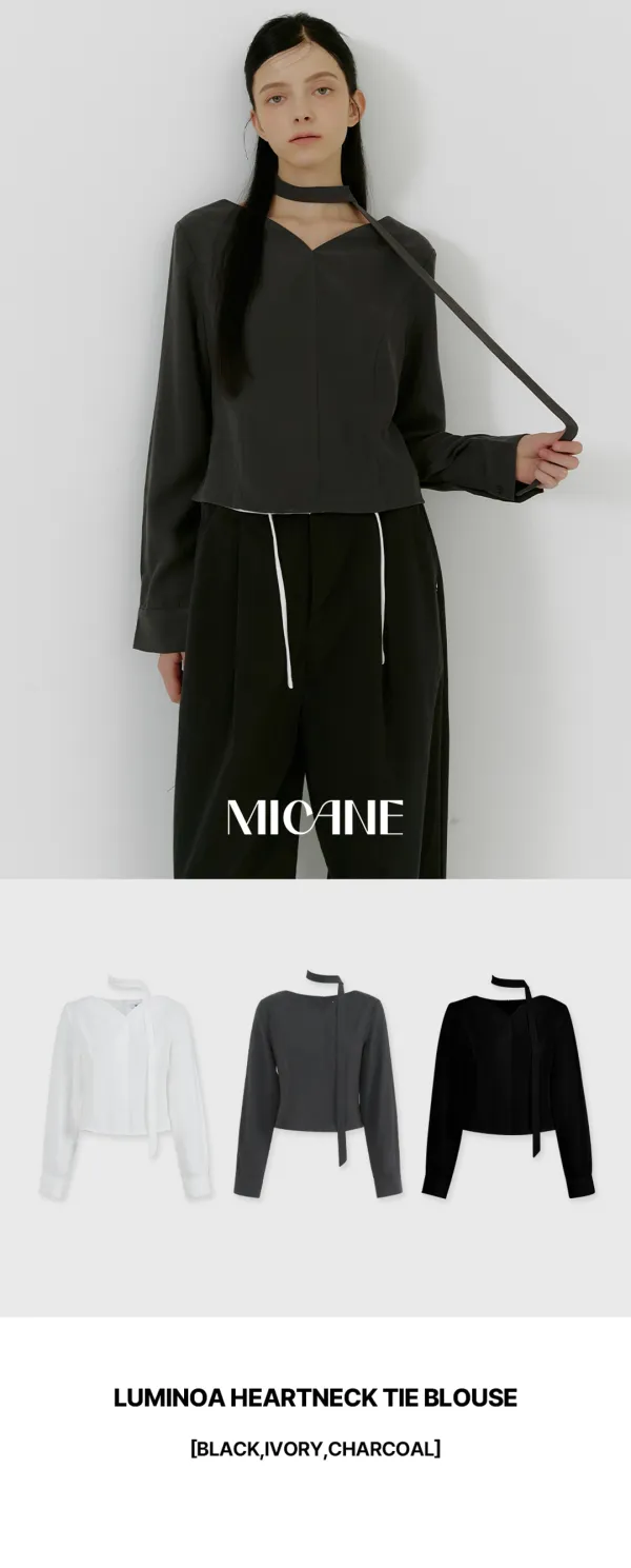 [44-120]  Luminoa Heartneck Tie Blouse  루미노아 하트넥 타이 블라우스 (가을-봄-하객룩-격식룩-오피스룩-출근룩-데일리룩-데이트룩-하트넥-하객블라우스-페플럼-긴팔블라우스-타이-블라우스-자체제작)