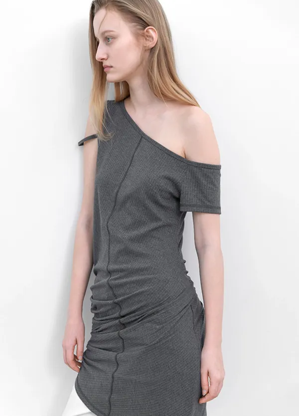 (OP-6331)OBLIQUE DRAPE ONE SHOULDER JERSEY DRESS