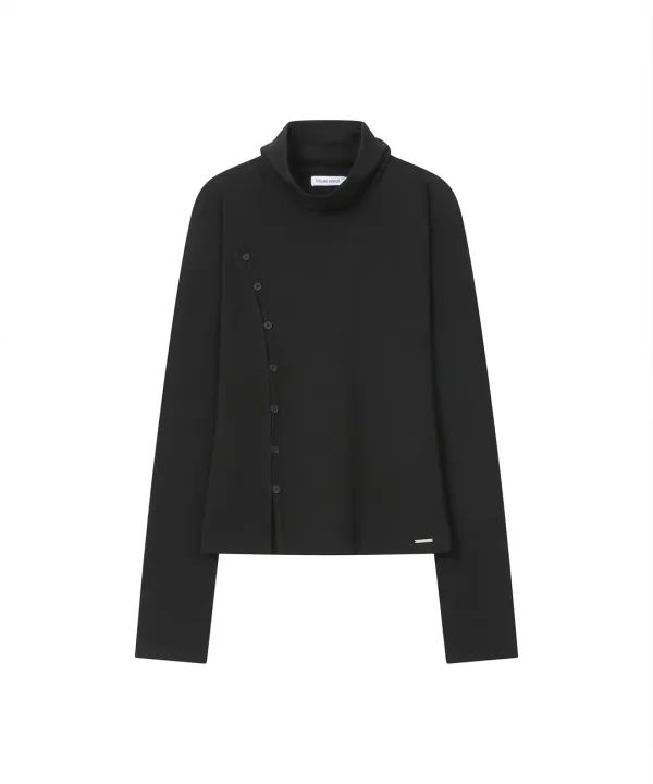 Mock neck side button long sleeve BLACK