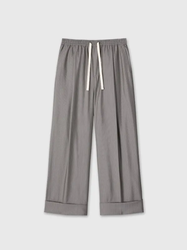 (W) SILK WOOL WIDE LEG PAJAMA TROUSERS_ DARK GREY STRIPE