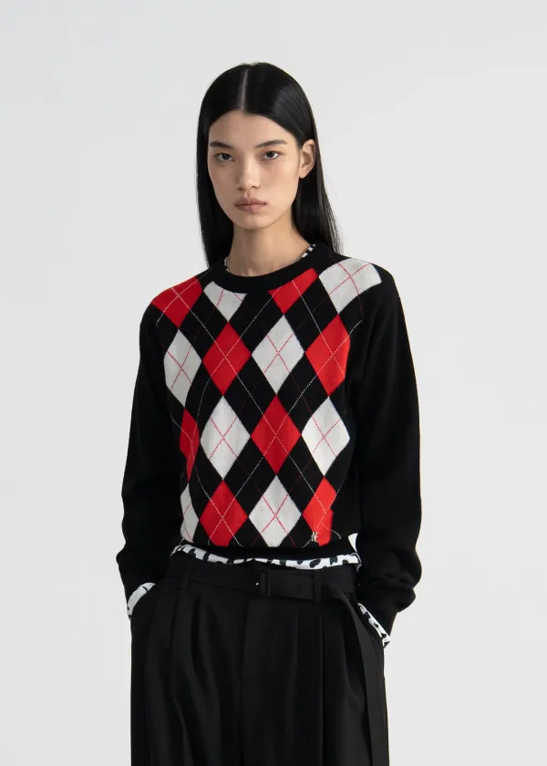 (UNI) WOOL CASHMERE ARGYLE KNIT TOP - BLACK