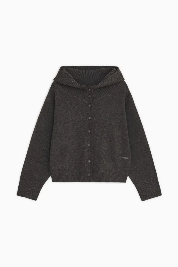 CROPPED HOODED HIGH NECK CARDIGAN, BROWN