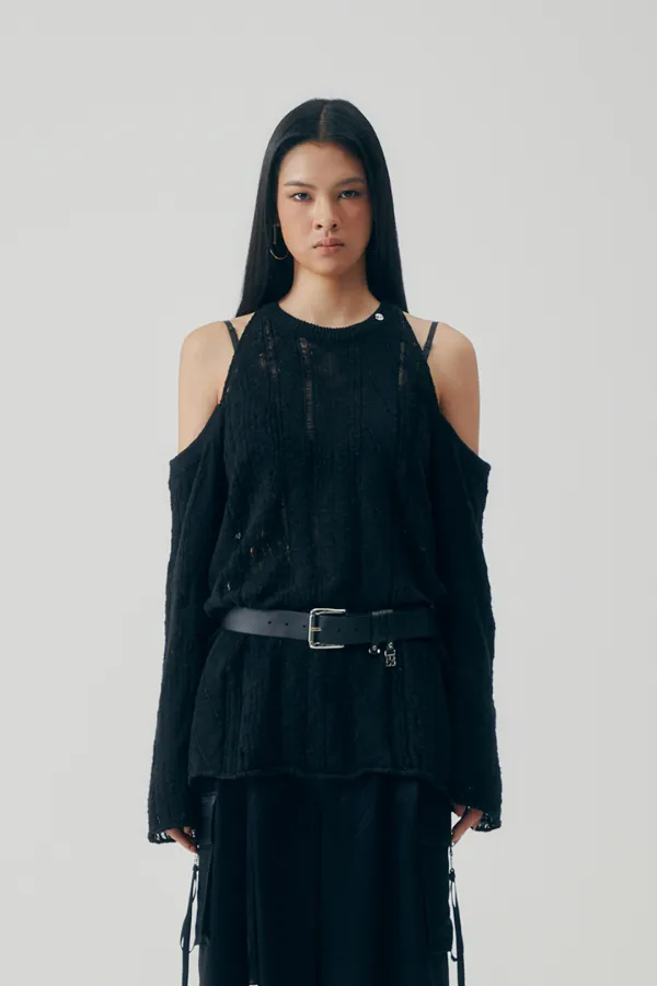 Off-Shoulder Cable Knit [ Black ]