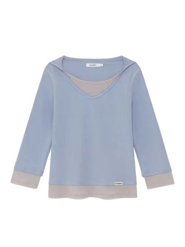 [2nd] 3/4 LAYERED CONTRAST HOODIE (DUST BLUE)