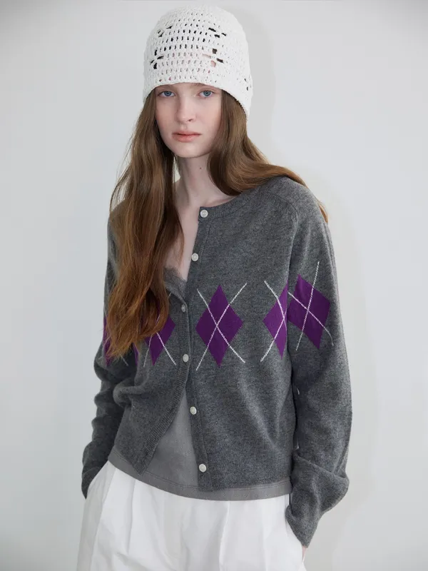 Argyle round knit cardigan [KNSS06CD05]_Gray
