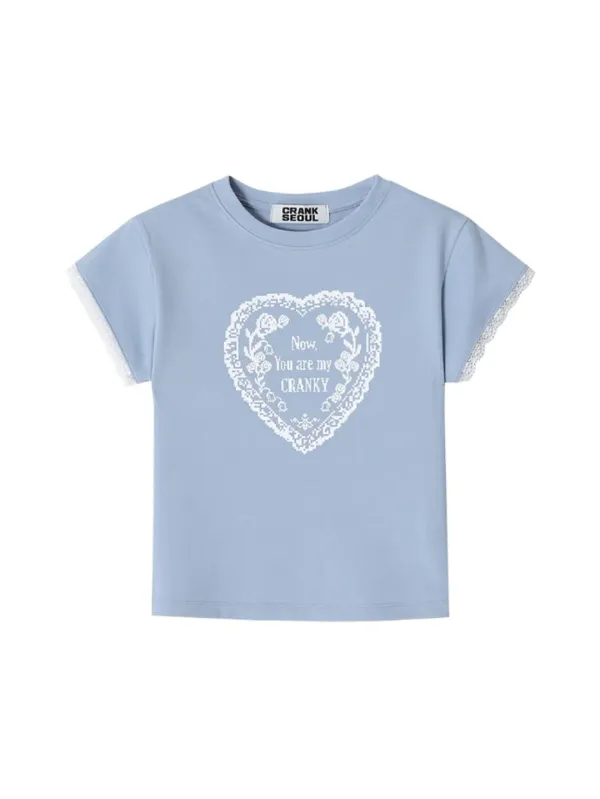 [Last one] LACE HEART PRINTING TOP_SKY