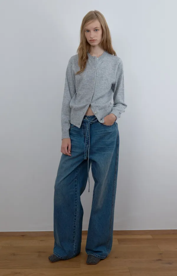 WIDE LEG BELTED JEANS, WASHED BLUE