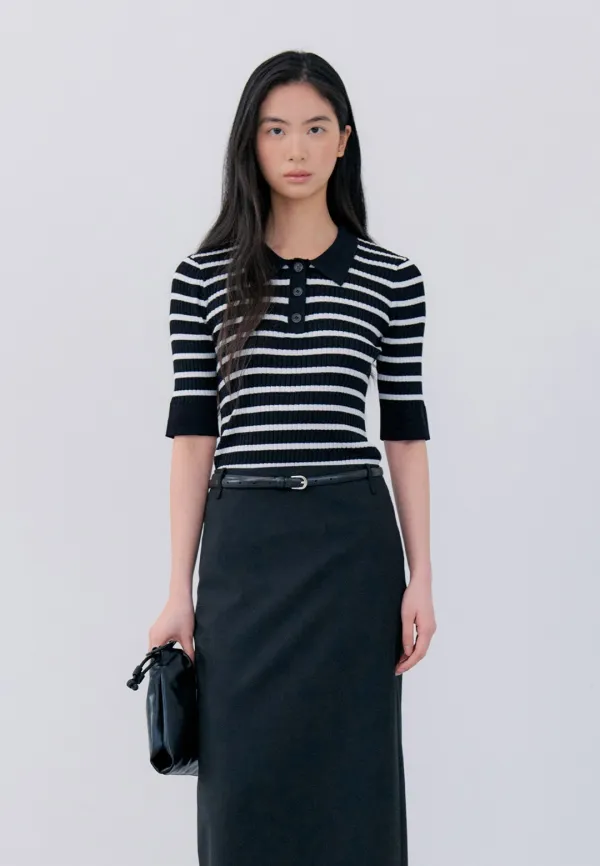 SLIM STRIPE COLLAR KNIT - BLACK STIRPE