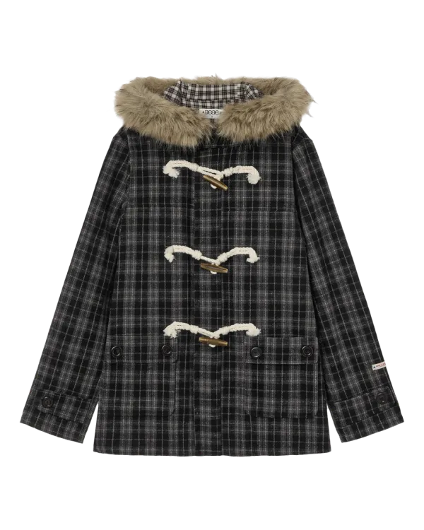 FUR HOOD DUFFLE COAT [CHECK BLACK]