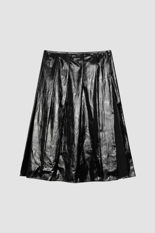 LEATHER LAYERED WRAP SKIRT_COATED BLACK