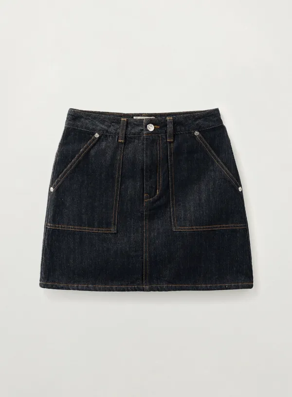 (W) Indigo Nonfade Denim Skirt - Indigo