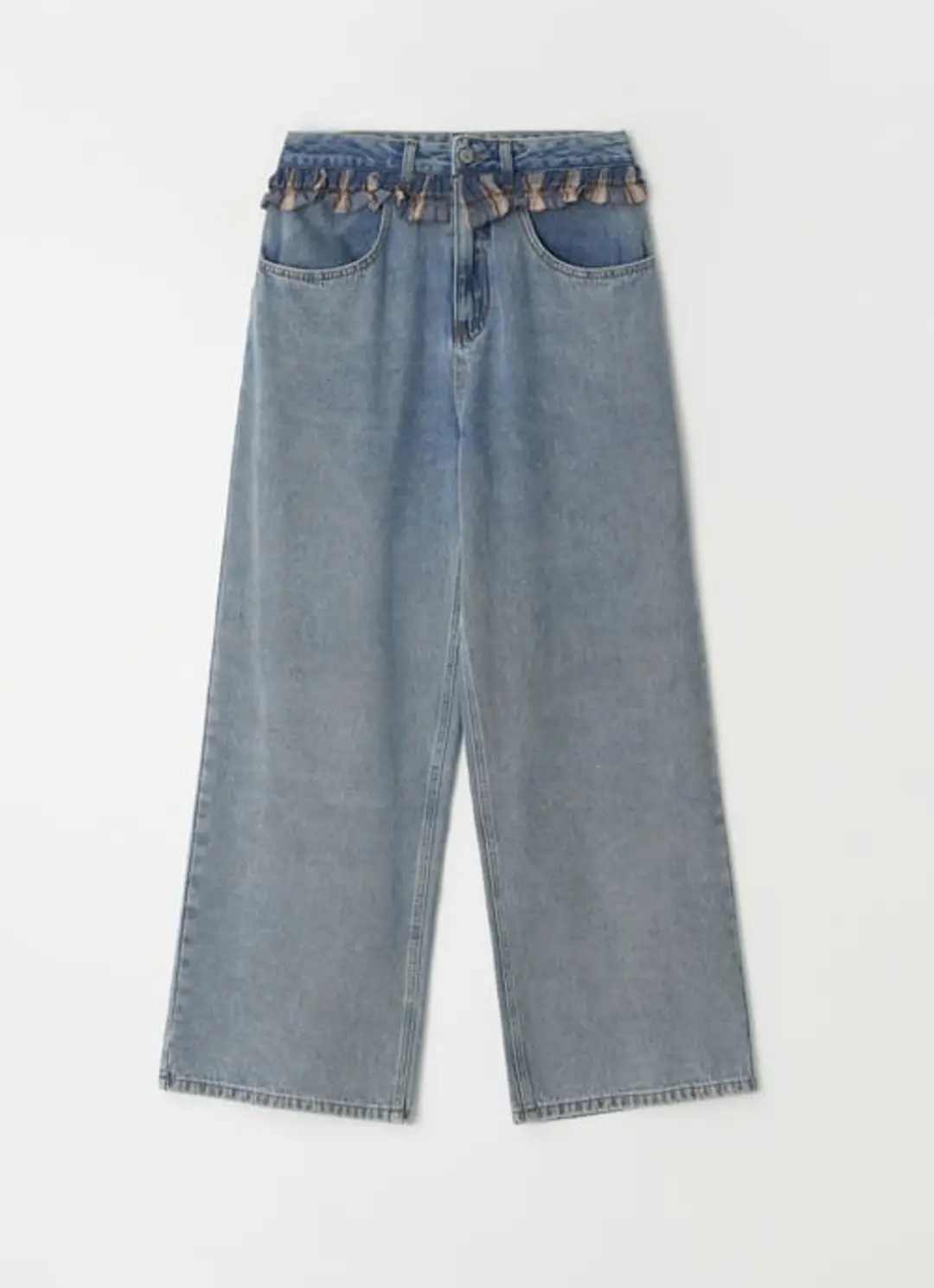 론론 CHECK FRILL LAYERED DENIM PANTS LIGHT BLUE 상품 이미지 3