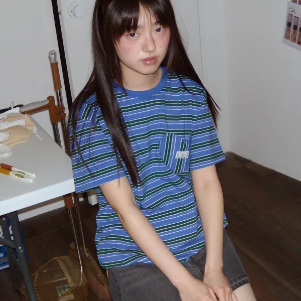 MULTI STRIPE HEART POCKET BASIC FIT T SHIRT BLUE
