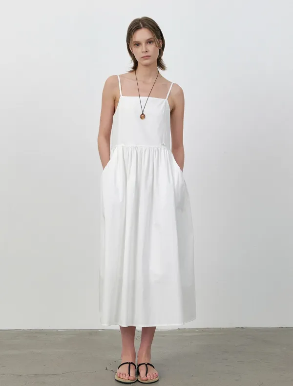 Gathered cotton maxi sleeveless dress_Ivory