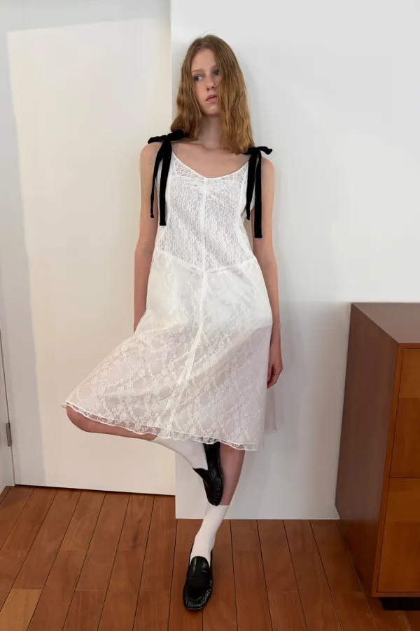 Velvet Ribbon Lace Dress (White)