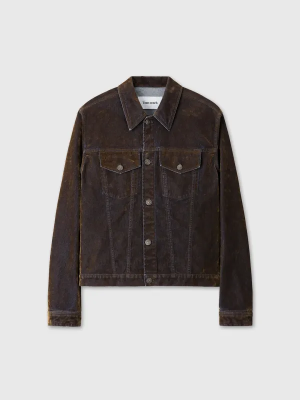 (W) FLOCKED DENIM TRUCKER JACKET_ BROWN