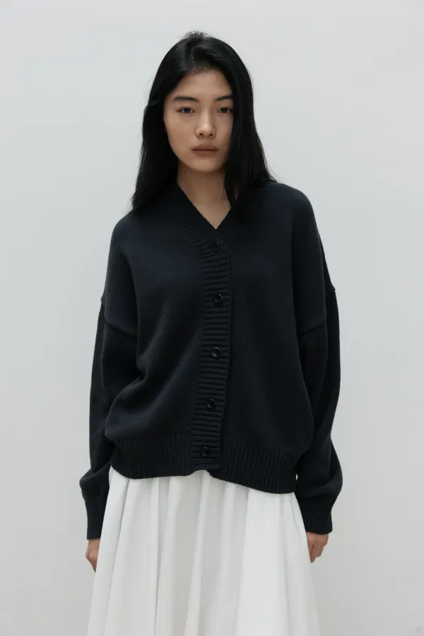 Cotton V-Neck Button Cardigan (Charcoal)