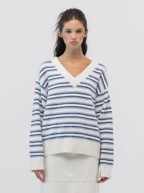 MELLOW V-NECK STRIPE KNIT (IVORY STRIPE)