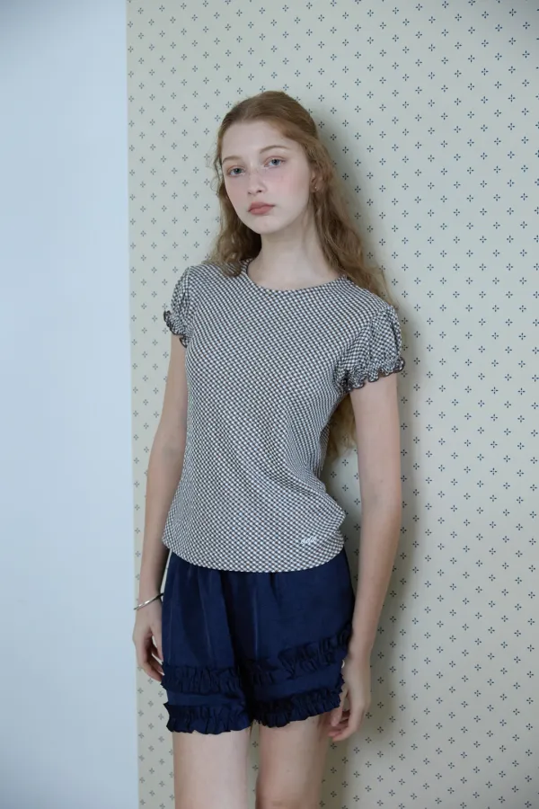 Check puff sleeve blouse_brown