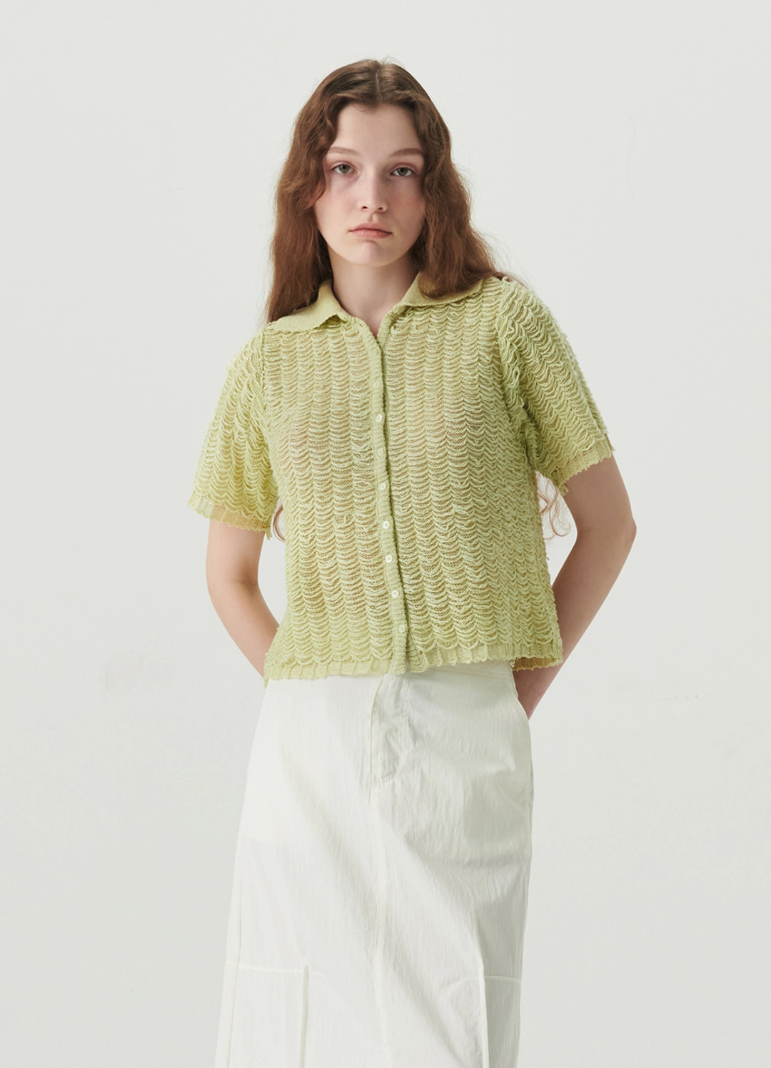 르바 Lace Jacquard Linen Knit Shirt - Avocado 상품 이미지 2