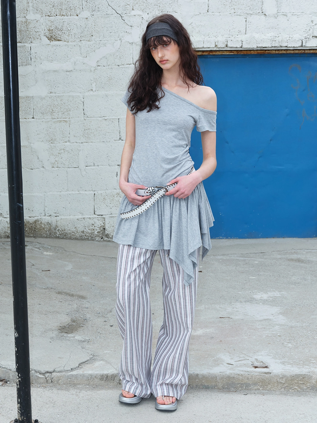 에트몽 Stripe Banding Pants, Pink Grey 상품 이미지 2
