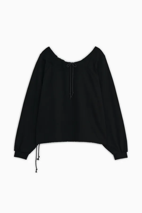 STRING OFF SHOULDER SWEATSHIRT, BLACK