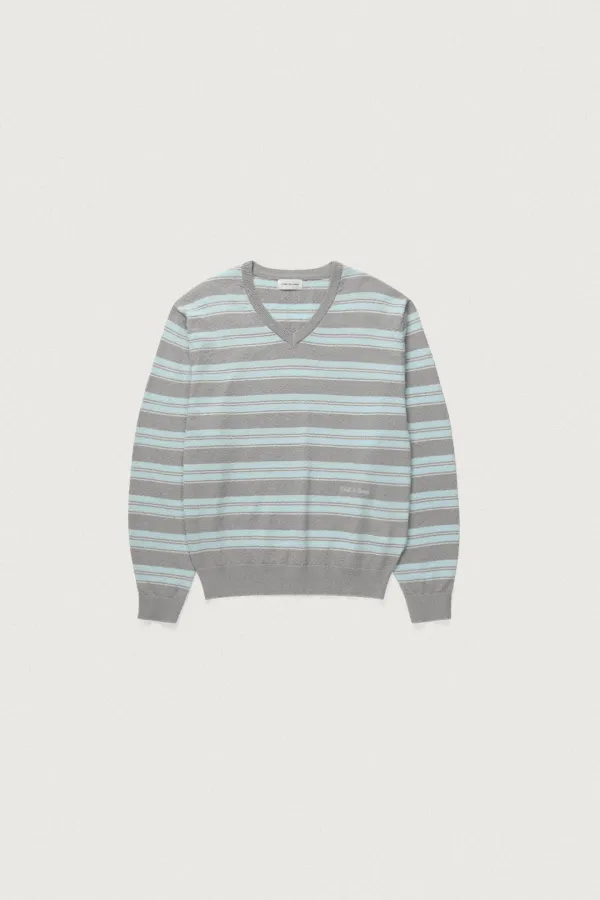 CREAMY STRIPE V-NECK KNIT [GRAY]