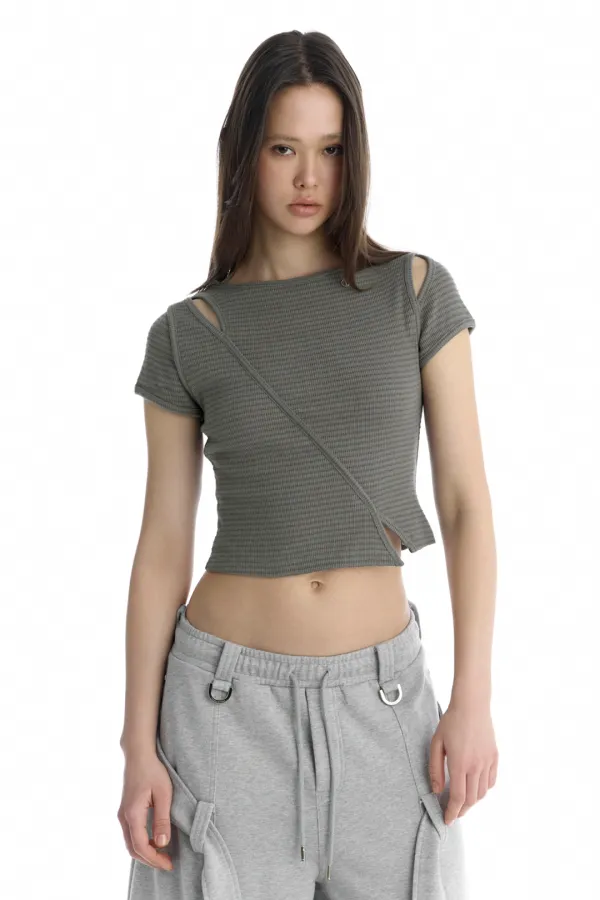 Slim-Fit Slit Ribbed T-Shirt [ Gray ]