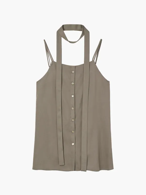 Tencel Twill Sleeveless Scarf Top, Dark Beige
