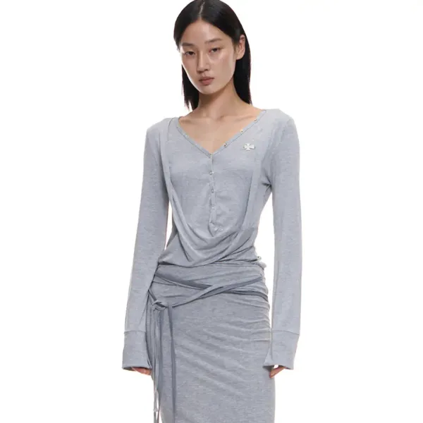 [REORDER] DRAPED HENLEY TOP (MELANGE GREY)