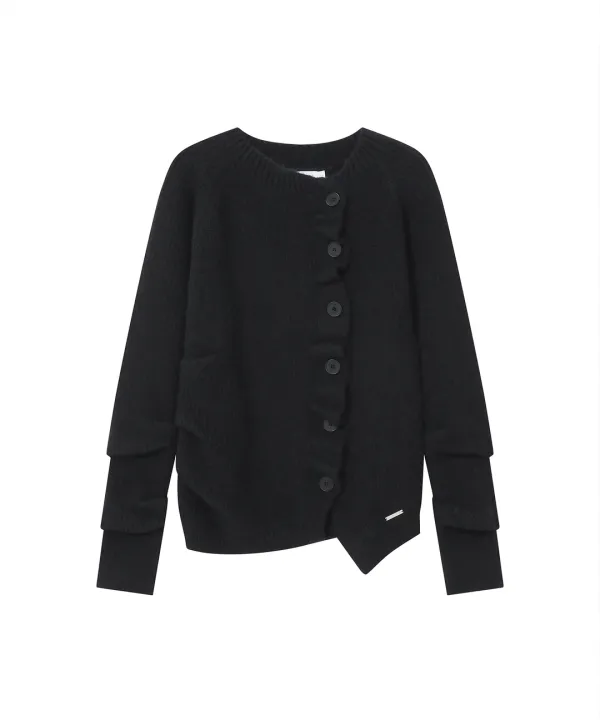 [레이 PICK] Unbalanced cowl button knit BLACK