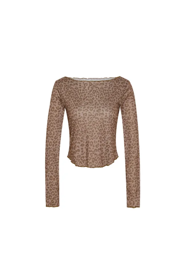 LEOPARD POINTELLE LONG SLEEVE TOP (BROWN)
