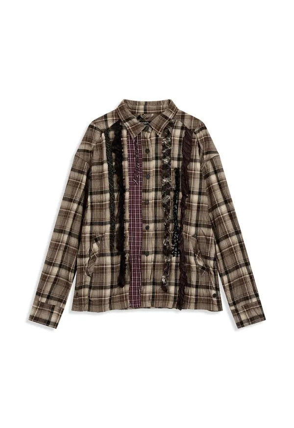 CHECKERED CRINKLE RUFFLE SHIRT, BROWN
