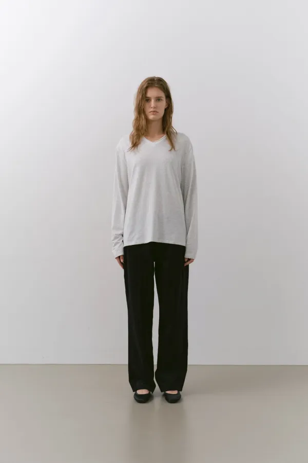 V-NECK LONG SLEEVE T-SHIRT, MELANGE GRAY