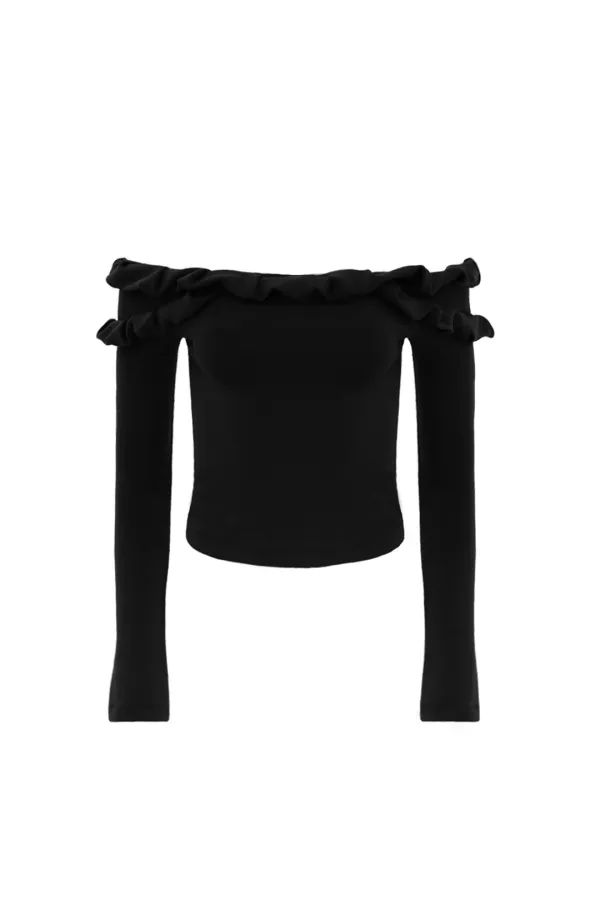 TWIST FRILL OFF-SHOULDER TOP BLACK