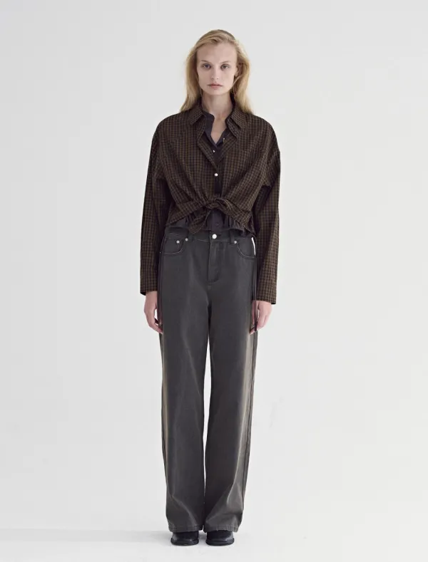 TIE-FRONT LAYERED CHECK SHIRT [BROWN]