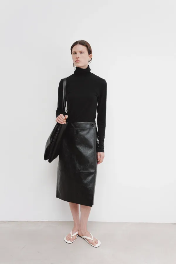 Leather Midi Wrap Skirt (Black)
