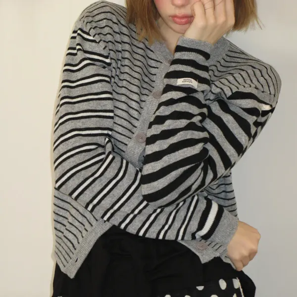 TRIPLE STRIPE HARMONY KNIT CARDIGAN BLACK GREY