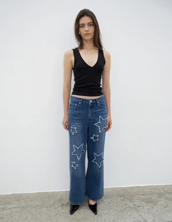 FRAYED STAR PATCHED JEANS, BLUE