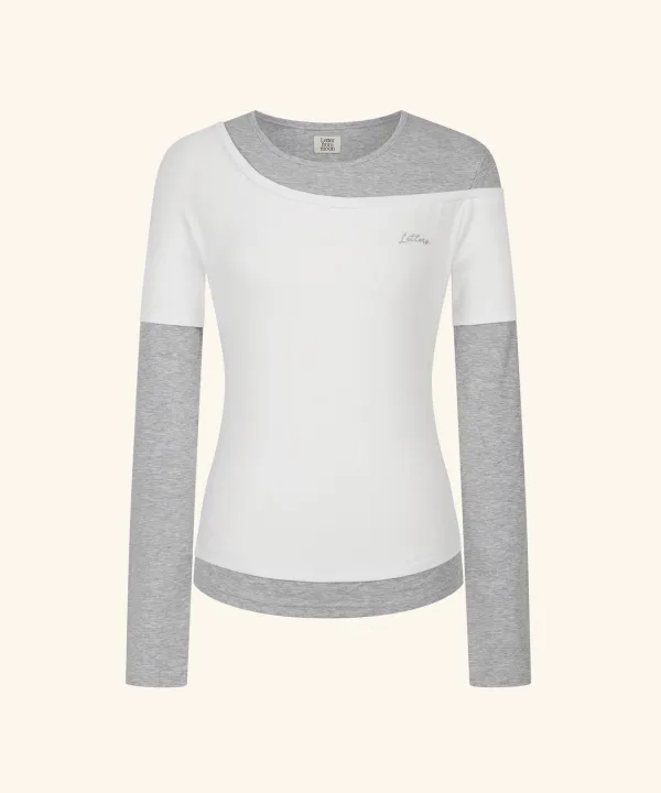 Letters Layered Off-Shoulder T-Shirt (Grey)