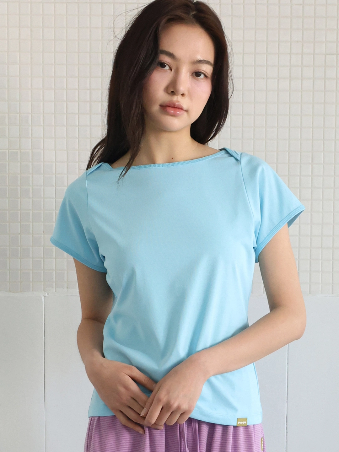 포에브 Solid Boat-neck T-Shirt - Sky Blue 상품 이미지 1