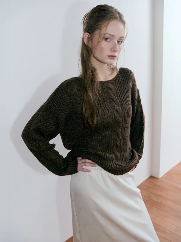 Boat-Neck Cable Knit Pullover, Brown