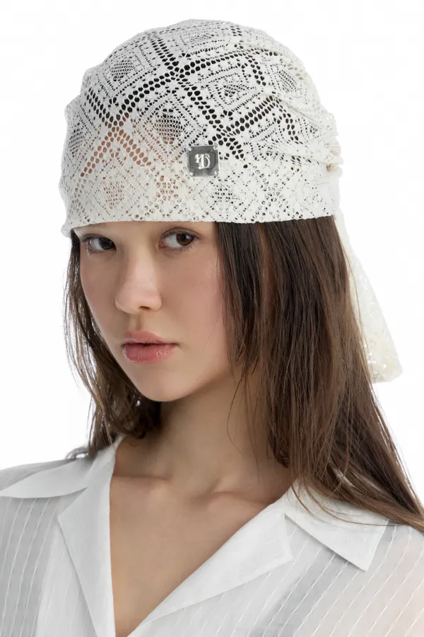 Lace Mesh Scarf Beanie [ Ivory ]