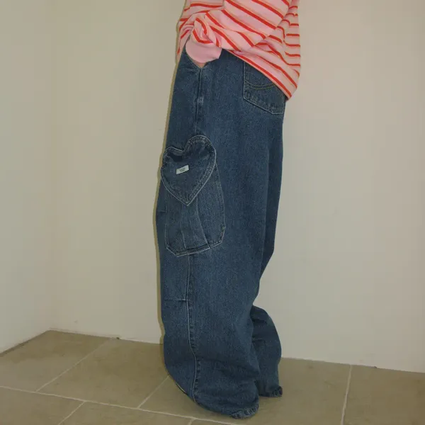 HEART POCKET CARGO DENIM PANTS MEDIUM BLUE