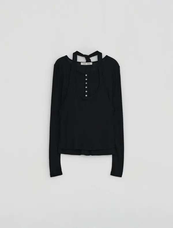 [2nd REORDER] LAYERED BUTTON T-SHIRT [BLACK]