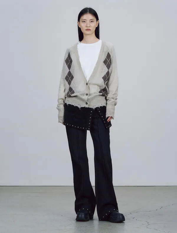 ARGYLE CHECK DESTROYED CARDIGAN [GREY]