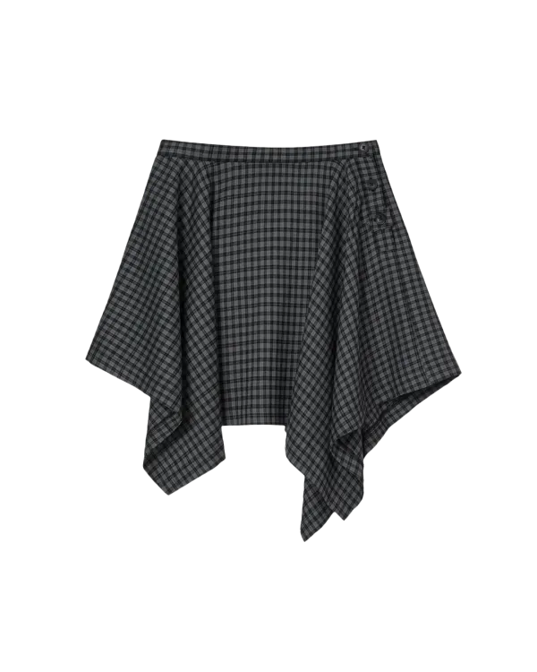 ASYMMETRIC DRAPE CHECK SKIRT [BLACK]