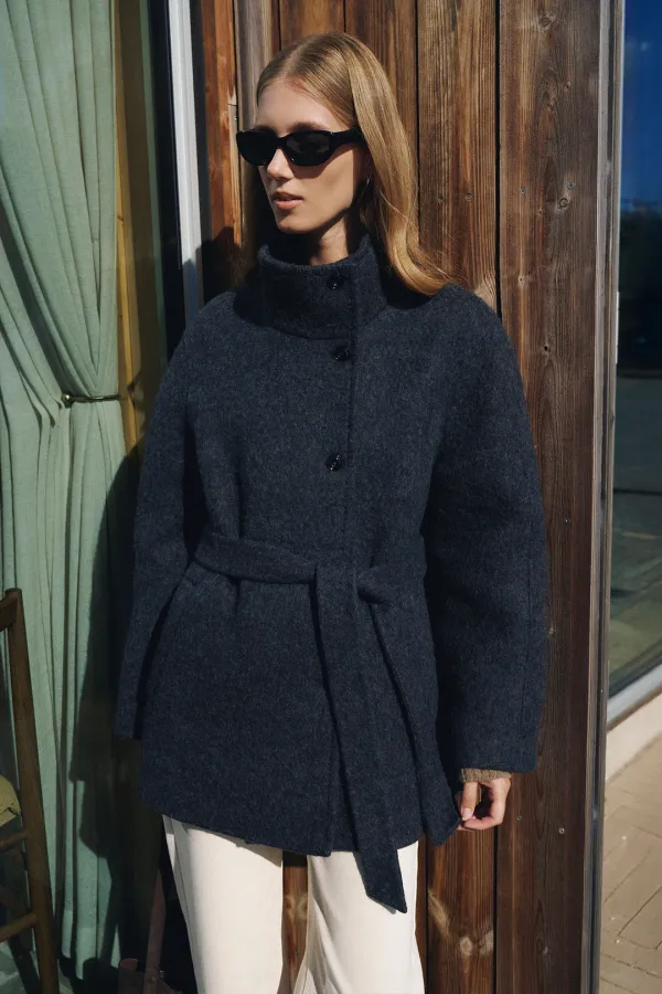 Handmade Brushed Alpaca High-Neck Half Coat [LMBFWICT709]-Charcoal [10/21 예약배송]