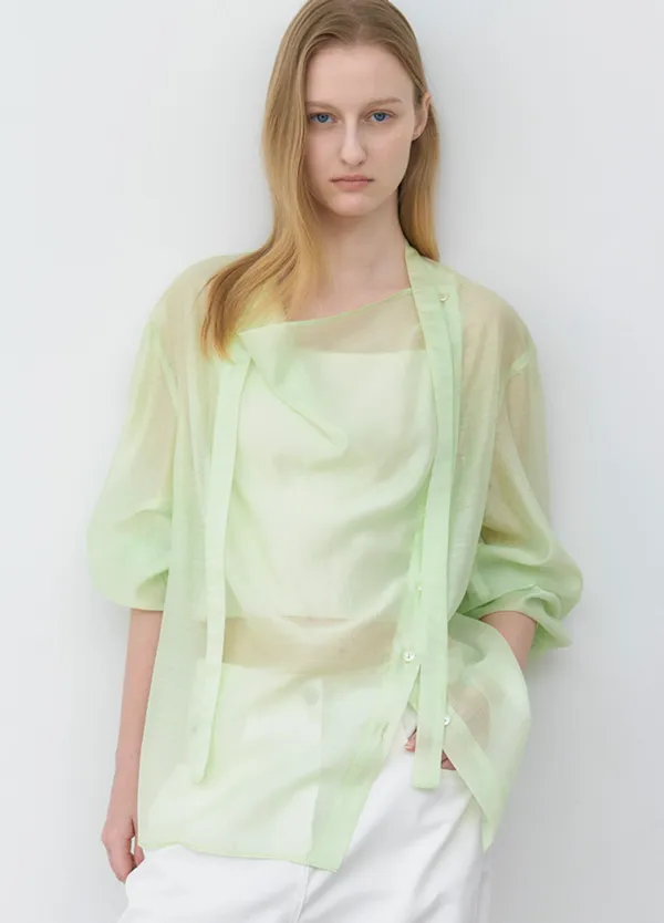 (BL-4450)SHEER ASYMMETRIC TIED BLOUSE