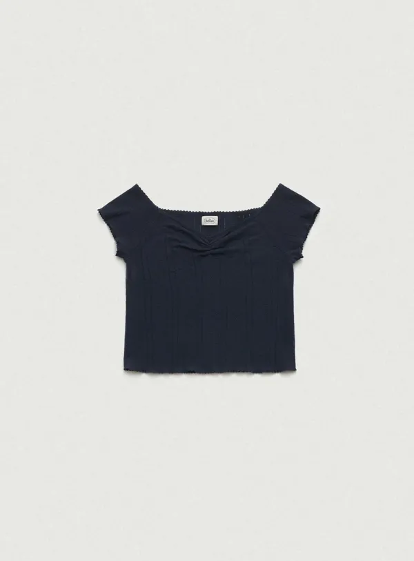 Cotton Eyelet Pintuck Knit Top_Navy